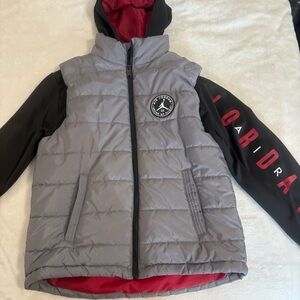 Air Jordan Gray and Black Puffer Vest with Red Accents Size M